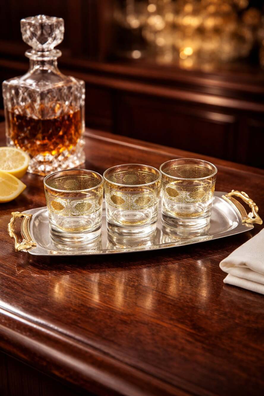 Vintage Mid-Century Modern Rocks Glasses with Gold Overlay and Metal Serving Tra